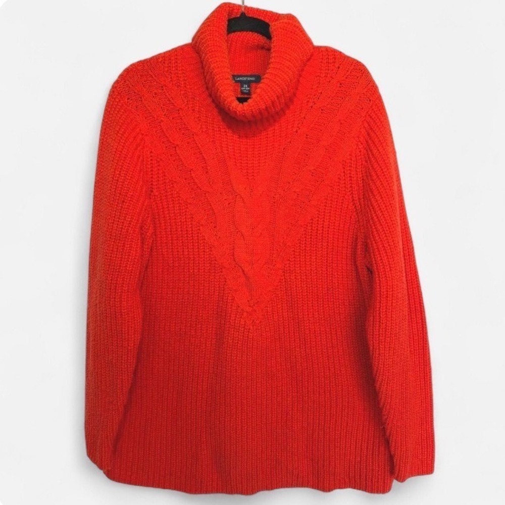 Lands End Wool Blend Turtleneck Sweater Orange Red Cable Knit Plus Size 2X
